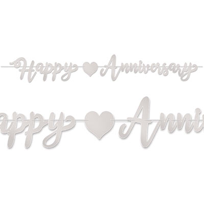 Foil Happy Anniversary Streamer is printed on foil material with letter cutouts to spell "Happy Anniversary" with a silver heart in the middle.