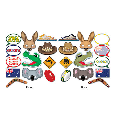 Australian Photo Fun Signs is card stock cutouts of a kangaroo face, hats, Australian flag and much more.