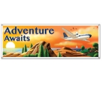 Around The World Sign Banner reads "Adventure Awaits" with a beautiful scenery.