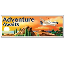 Around The World Sign Banner reads "Adventure Awaits" with a beautiful scenery.