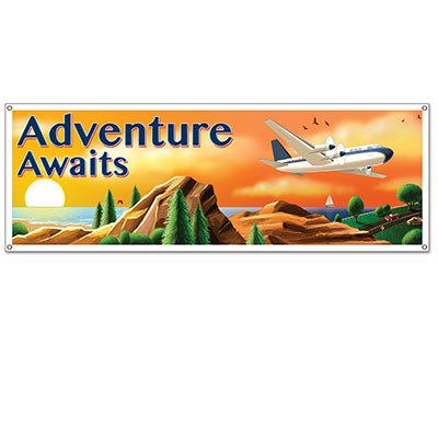 Around The World Sign Banner reads "Adventure Awaits" with a beautiful scenery.