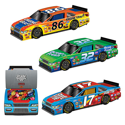 3-D Race Car Centerpieces is made of card stock material in the shape and print of racing cars.