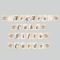 Wedding Streamer Set with says of "Mr & Mrs", "Cake", "Gifts", and "Cards".