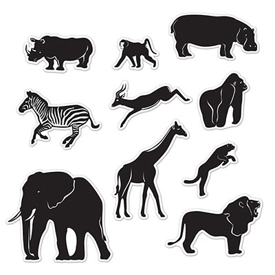 Jungle Animal Silhouettes in black of elephants, tigers, giraffes and more.