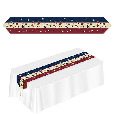 Printed Americana Table Runner has stripes of red, white and blue stripes with stars.