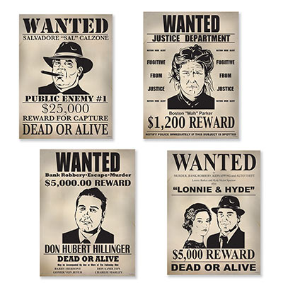 Gangster Wanted Sign Cutouts is designed with a "oldies" printed look with various wanted people.