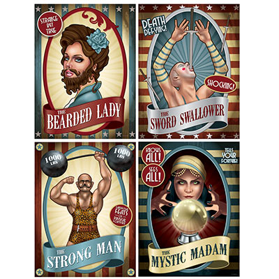 Vintage Circus Poster Cutouts of the bearded lady, the strong man, sword swallower and mystic madam.