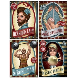 Vintage Circus Poster Cutouts of the bearded lady, the strong man, sword swallower and mystic madam.