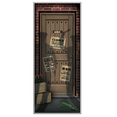Door cover with printed image of shadows of people standing outside a door with prohibition signs posted.