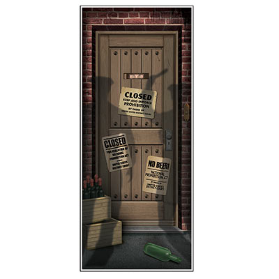 Door cover with printed image of shadows of people standing outside a door with prohibition signs posted.