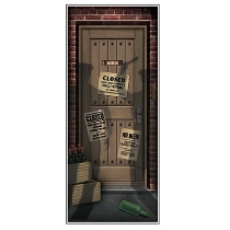Door cover with printed image of shadows of people standing outside a door with prohibition signs posted.