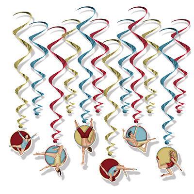 Vintage Circus Whirls with gold, red and blue whirls and stunt preformed icons.