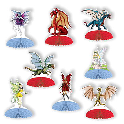 Fantasy Mini Centerpieces of fairies and dragons on a tissue material base.