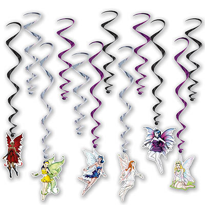 Purple and silver metallic whirls with six different fairy icons attached.