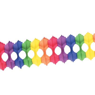 Arcade Garland made of multi-color patterned tissue material.