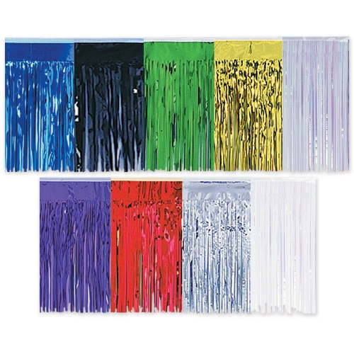 2-Ply Metallic Fringe Drape made with various color options of shiny material.