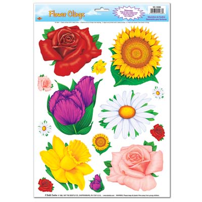 Flower Clings of different colored and types of flowers printed on thin plastic cling material.