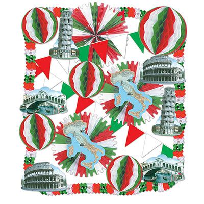 Italian Decorating Kit filled with red, white and green garland, tissue ball, fans and famous site cutouts.