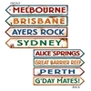 Australian Street Sign Cutouts printed in color of says such as "Alice Springs", "Sydney" and more.
