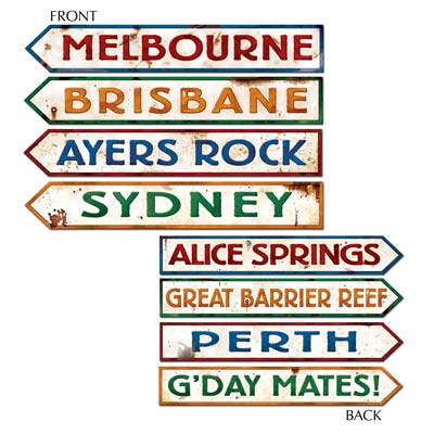 Australian Street Sign Cutouts printed in color of says such as "Alice Springs", "Sydney" and more.