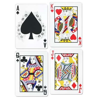 Playing Card Cutouts of ace of spades, king of hearts, queen of clubs and jack of diamonds.