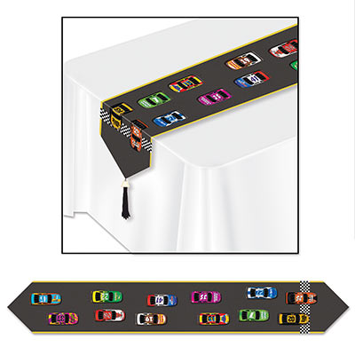 Printed Racing Table Runner with a race lineup printed with different cars.