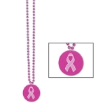 Beads w/Printed Pink Ribbon Medallion (Pack of 12) pink ribbon beads, awareness bead necklaces, breast cancer awareness accessories, pink medallion beads, 36 inch pink beads, plastic awareness beads, Party Express pink ribbon, fundraiser accessories