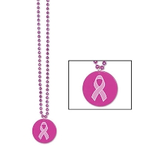 Beads w/Printed Pink Ribbon Medallion (Pack of 12) pink ribbon beads, awareness bead necklaces, breast cancer awareness accessories, pink medallion beads, 36 inch pink beads, plastic awareness beads, Party Express pink ribbon, fundraiser accessories