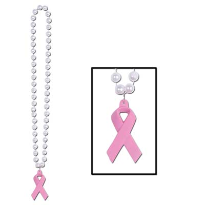 Beads w/Pink Ribbon Medallion (Pack of 12) pink ribbon beads, awareness necklaces, pearl white beads, breast cancer awareness accessories, pink ribbon medallion, 40 inch beads, plastic awareness beads, Party Express pink ribbon décor