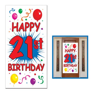 21st Birthday Door Cover with a big "Happy 21st Birthday" and assorted colors of confetti and balloons.