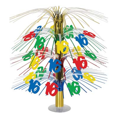 The 16 Cascade Centerpiece is made of assorted colored stands with "16" icons cascading down.