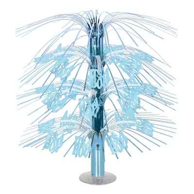 It's A Boy! Cascade Centerpiece has light blue metallic strands cascading with "It's A Boy" icons attached.