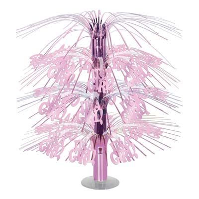 It's A Boy! Cascade Centerpiece has light pink metallic strands cascading with "It's A Girl" icons attached.
