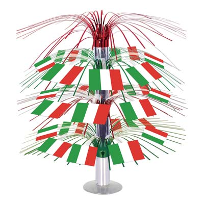 Italian Flag Cascade Centerpieces include red, green and silver metallic strands with Italian flag icons attached.