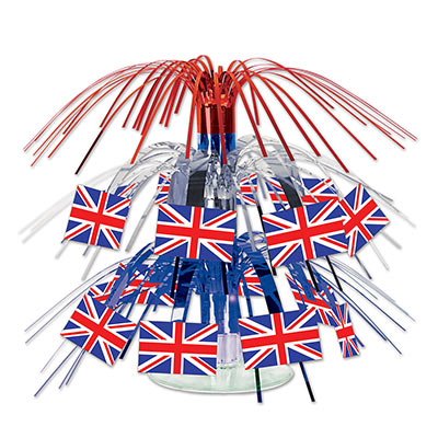 British Flag Mini Cascade Centerpiece with red, silver and blue metallic strands including a British flag icon.