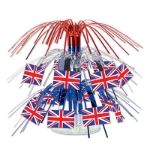 British Flag Mini Cascade Centerpiece with red, silver and blue metallic strands including a British flag icon.
