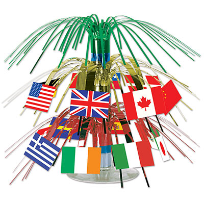 Intl Flag Mini Cascade Centerpiece with metallic strand cascade and flags icons from around the world.