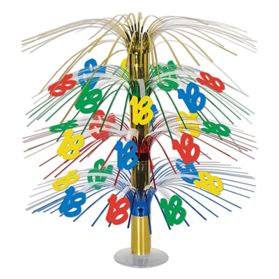 The 18 Cascade Centerpiece is covered in metallic strands cascading with assorted colored "18" icons.
