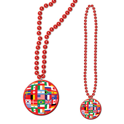 The International Party Beads has small round red beads with a medallion displaying flags from around the world.