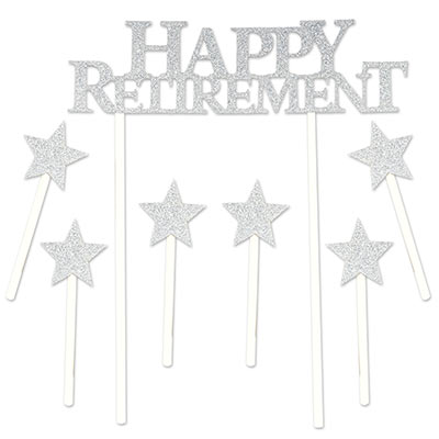 The Happy Retirement Cake Topper has a glittered "Happy Retirement" focus piece with six star pieces included.