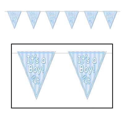 Its A Boy! Pennant Banner is Blue in color and shouts "Its A Boy".