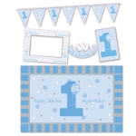 1st Birthday High Chair Decorating Kit of a crown, banner and more for a little boy.