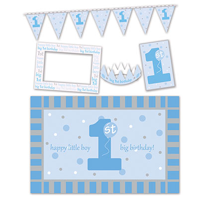 1st Birthday High Chair Decorating Kit of a crown, banner and more for a little boy.