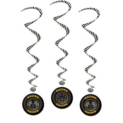 Checked black and white metallic whirls with tire icons attached.