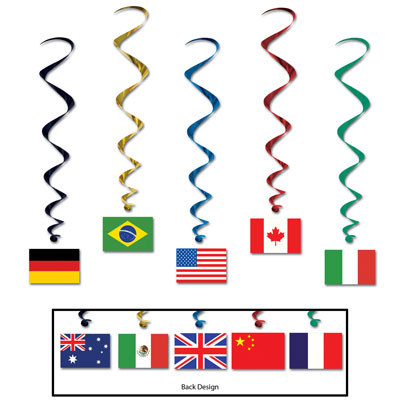 Assorted color metallic whirls with international flag icons attached.