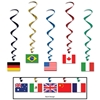 Assorted color metallic whirls with international flag icons attached.