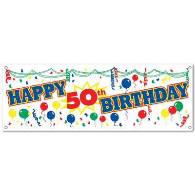 50th birthday banner with assorted colored balloons and confetti printed on it.