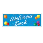 Welcome back banner with blue background and assorted colored balloons and confetti.
