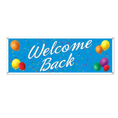 Welcome back banner with blue background and assorted colored balloons and confetti.