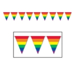 Pennant banner with printed rainbow stripes.